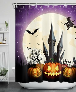 Halloween Castle Shower Curtain with Witch, Moon, and Pumpkin Print