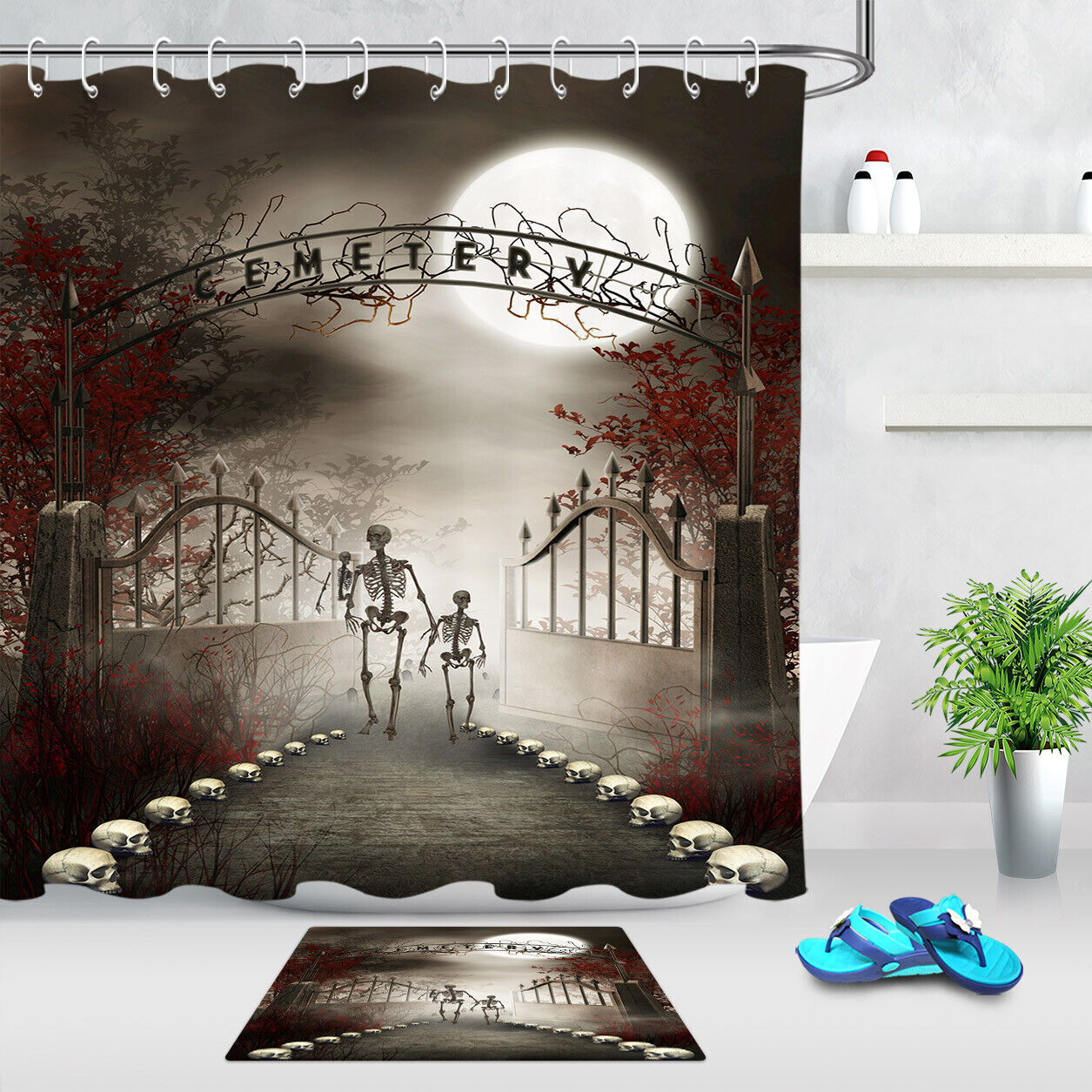 Halloween Cemetery Gate Skeleton Skull Shower Curtain - Bathroom Decor