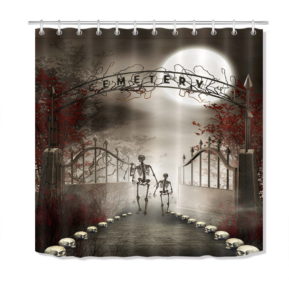 Halloween Cemetery Gate Skeleton Skull Shower Curtain - Bathroom Decor