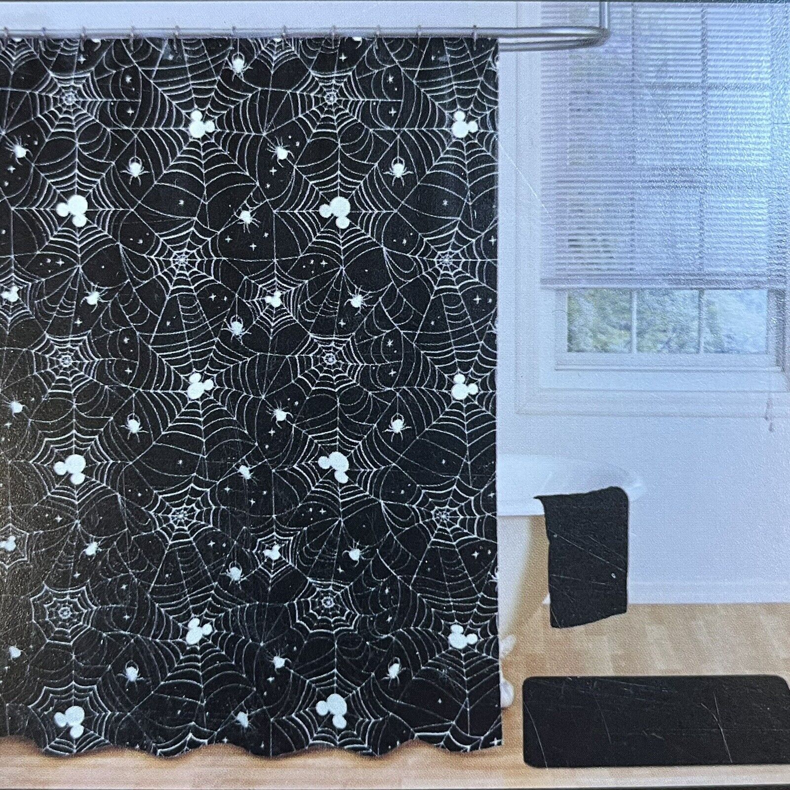 Halloween Disney Mickey Mouse Head Shower Curtain Spiders Webs Black