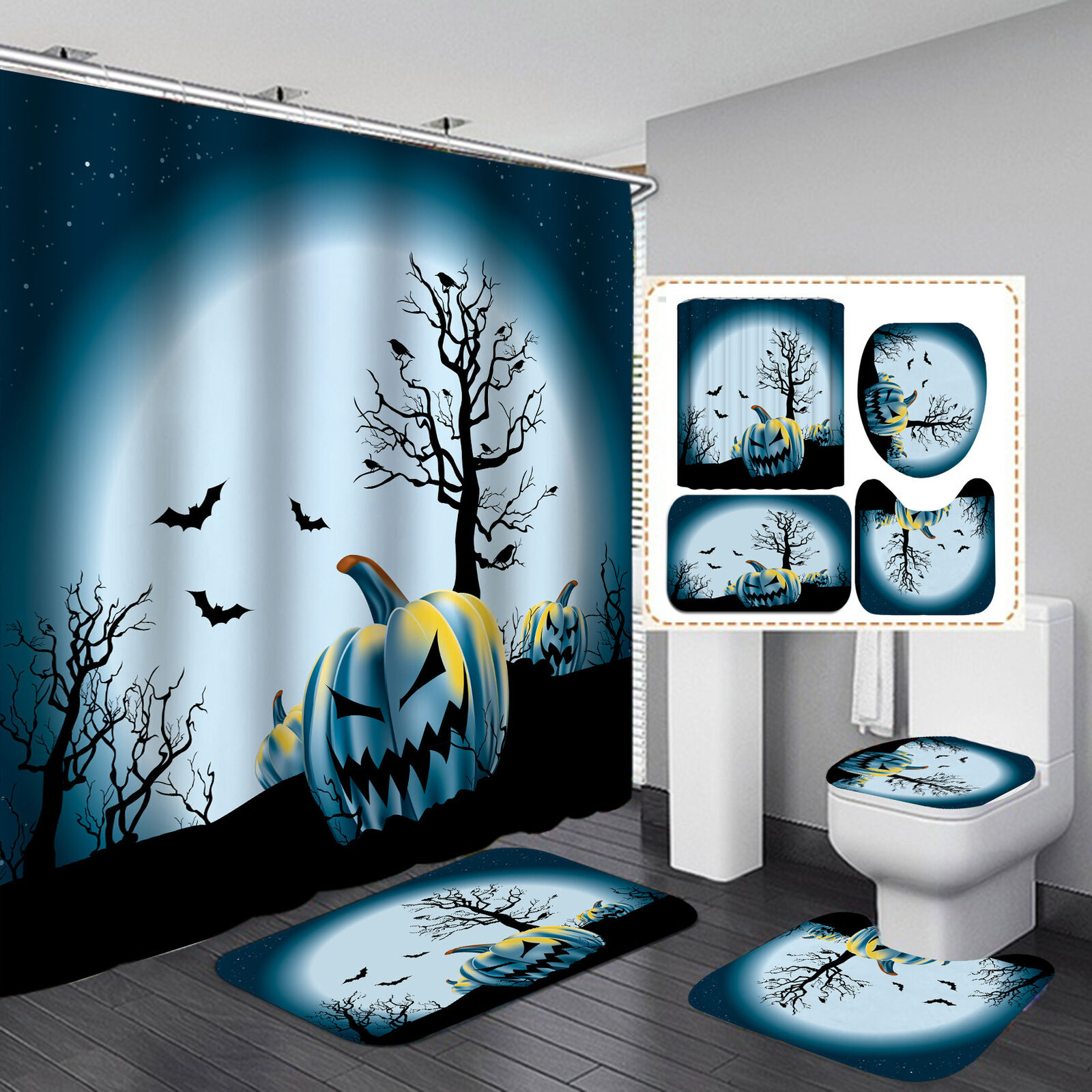 Halloween Ghost Pumpkin Waterproof Shower Curtain Set For Horror And Playful Bathroom Decor