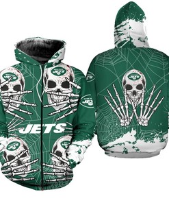 Halloween Graphic Skull Hoodie - All Over Print Zip-Up Hoodie For New York Jets Fans