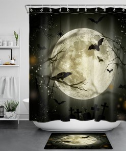 Halloween Horror Bat Crow Full Moon Shower Curtain For Bathroom Decor