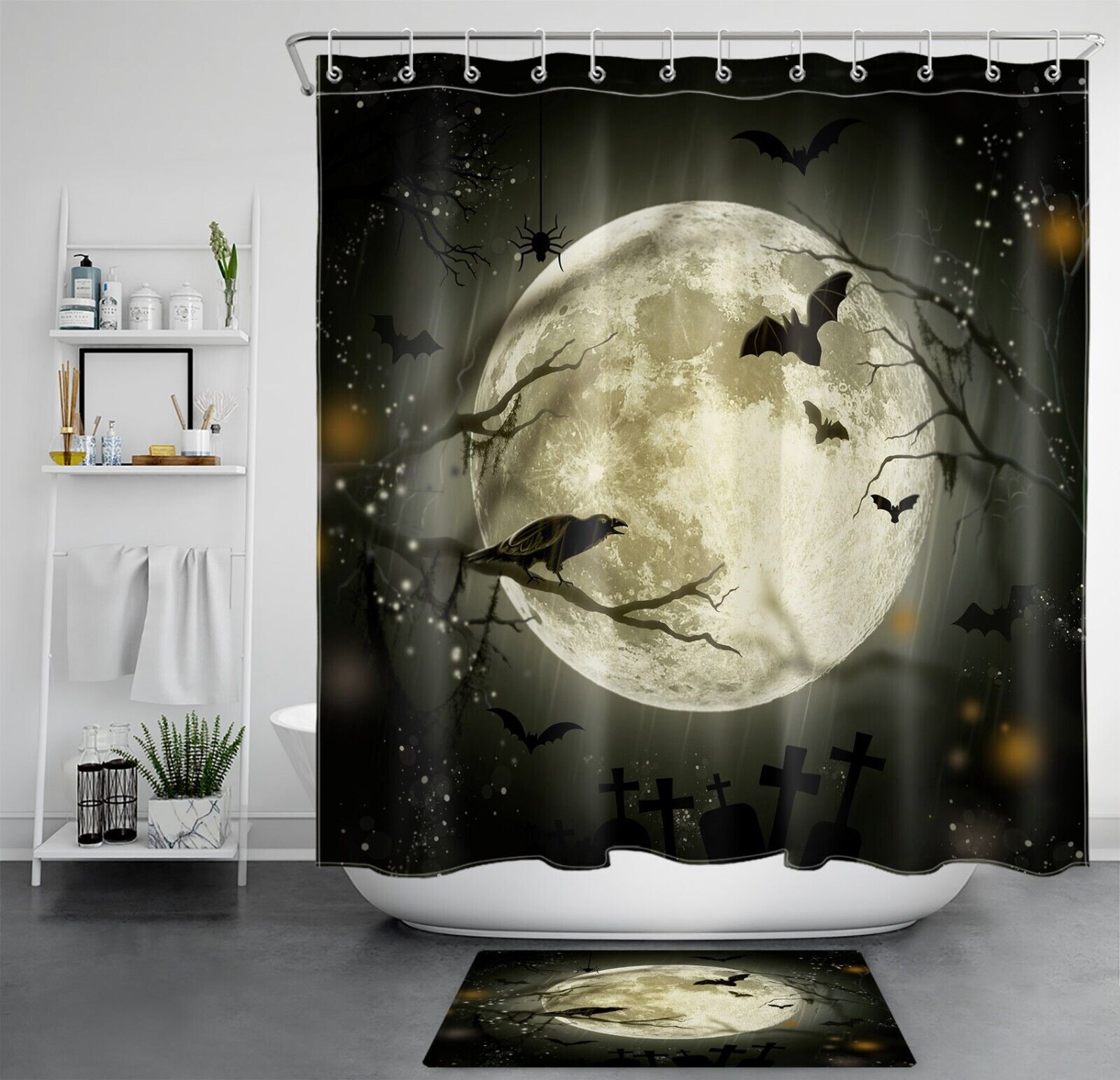 Halloween Horror Bat Crow Full Moon Shower Curtain For Bathroom Decor