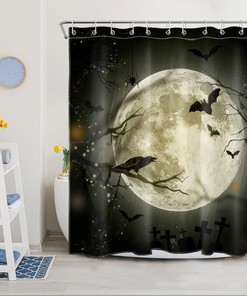 Halloween Horror Bat Crow Full Moon Shower Curtain For Bathroom Decor