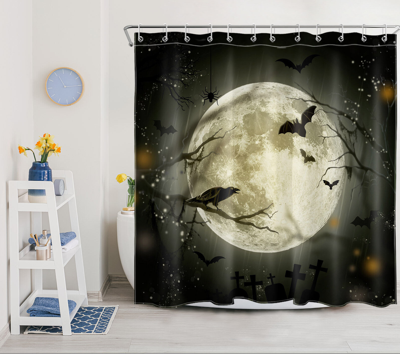Halloween Horror Bat Crow Full Moon Shower Curtain For Bathroom Decor
