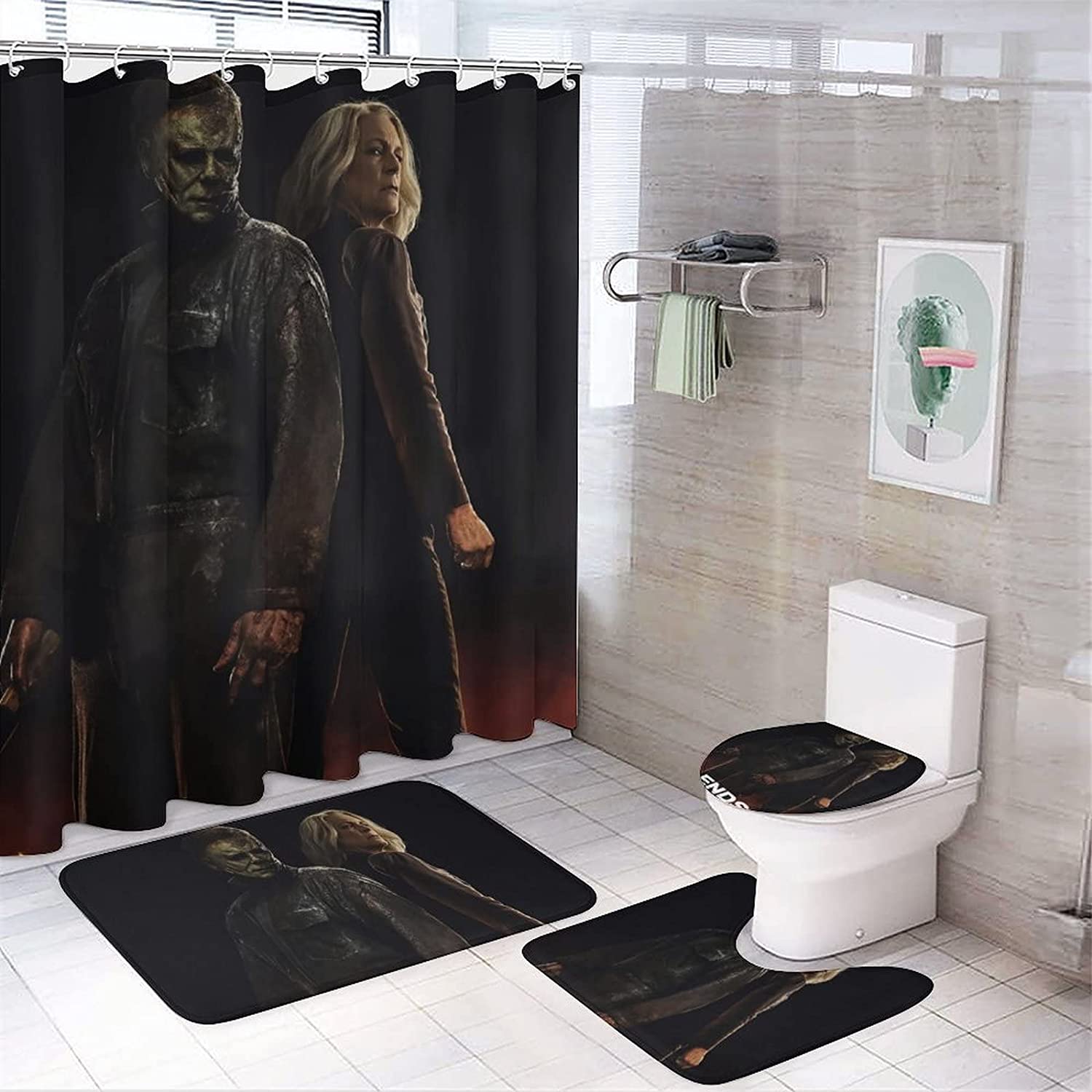Halloween Michael Myers Bathroom Decors, Frightening Shower Curtain With Halloween Ends Quote