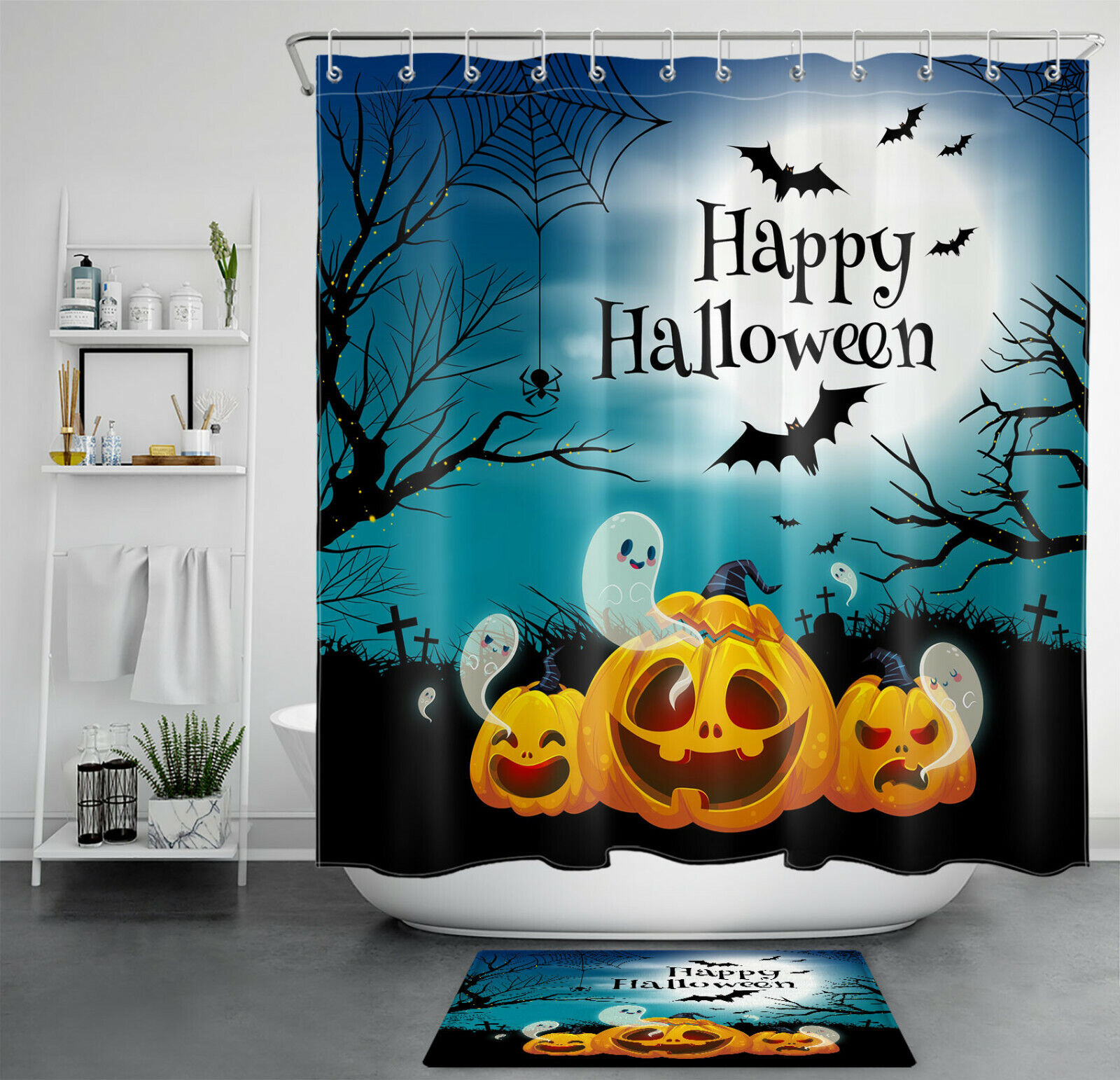 Halloween Moon Bats Ghost Pumpkin Funny Shower Curtain - Spooky Bathroom Decor