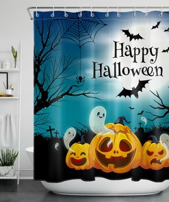 Halloween Moon Bats Ghost Pumpkin Funny Shower Curtain - Spooky Bathroom Decor