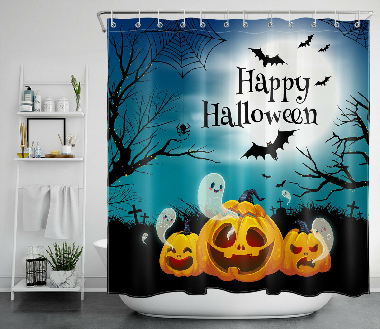 Halloween Moon Bats Ghost Pumpkin Funny Shower Curtain - Spooky Bathroom Decor