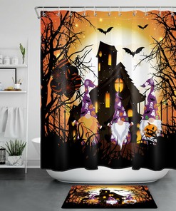 Halloween Moon Haunted House Gnomes Shower Curtain For Funny Bathroom Decor
