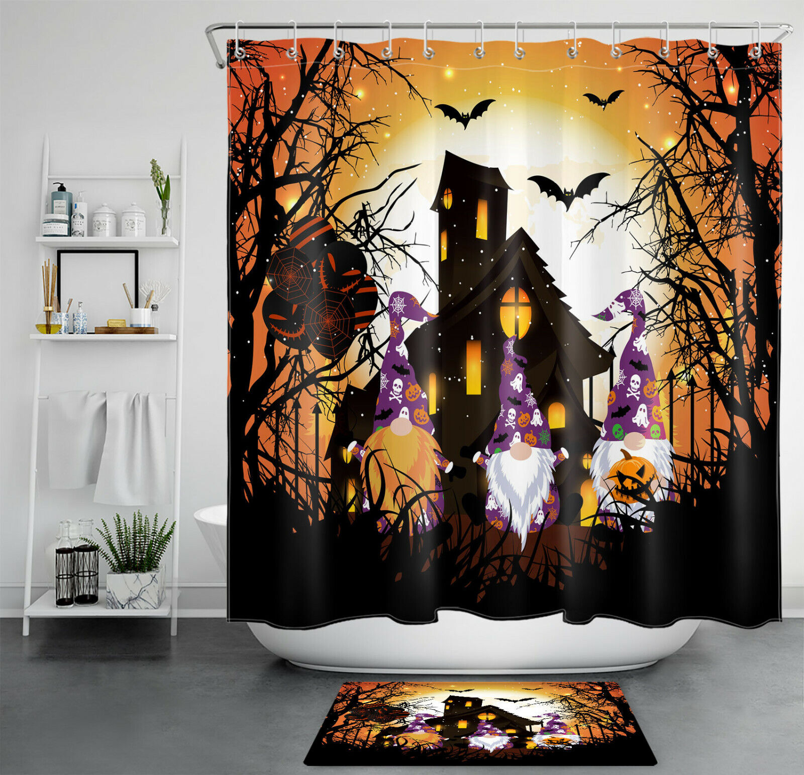Halloween Moon Haunted House Gnomes Shower Curtain For Funny Bathroom Decor