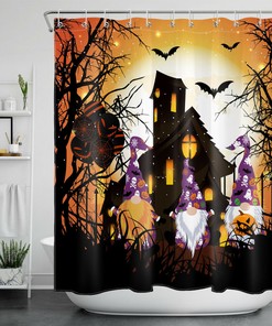 Halloween Moon Haunted House Gnomes Shower Curtain For Funny Bathroom Decor