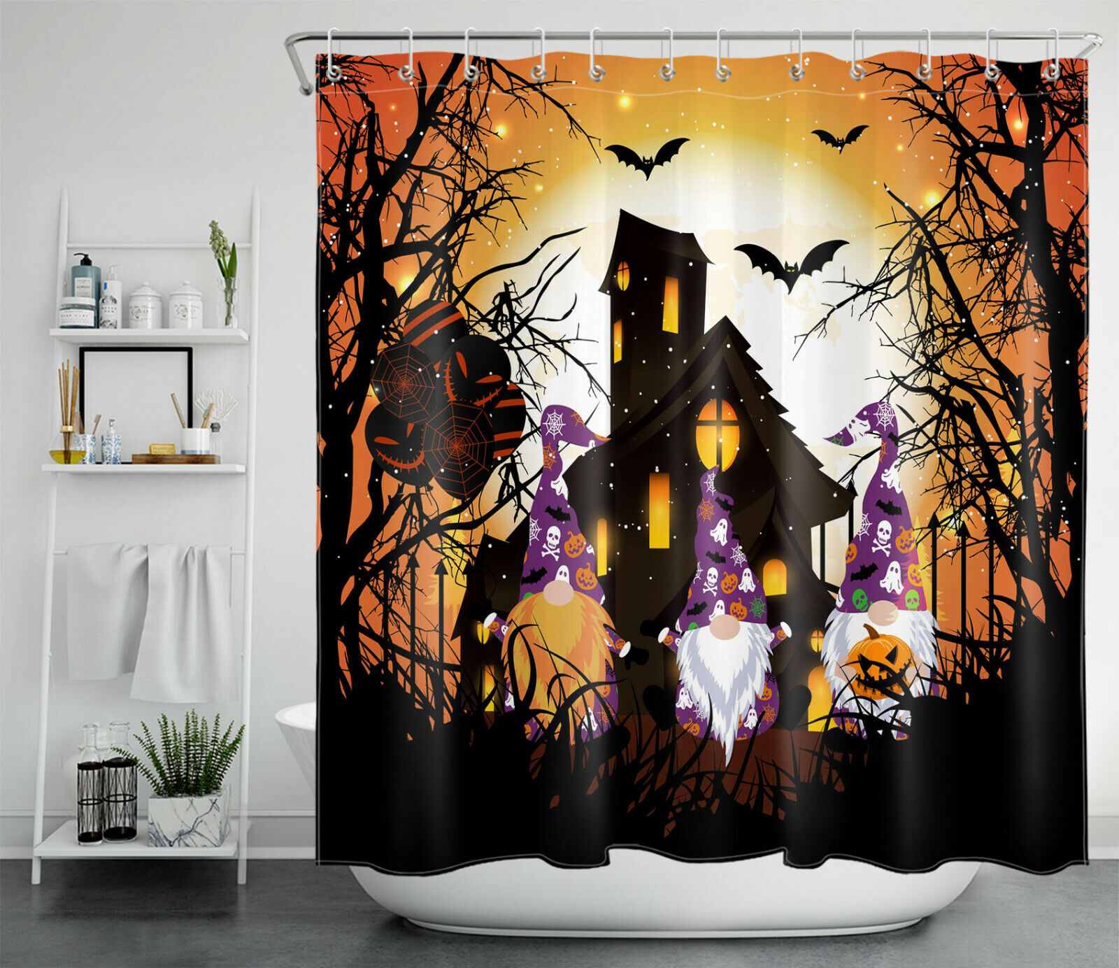 Halloween Moon Haunted House Gnomes Shower Curtain For Funny Bathroom Decor