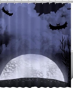 Halloween Moonlit Night Shower Curtain - Scary Bats And Trees Design 