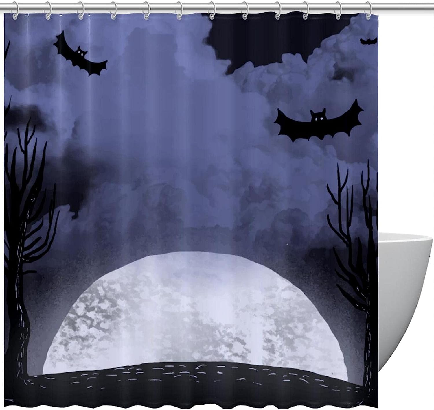 Halloween Moonlit Night Shower Curtain - Scary Bats And Trees Design
