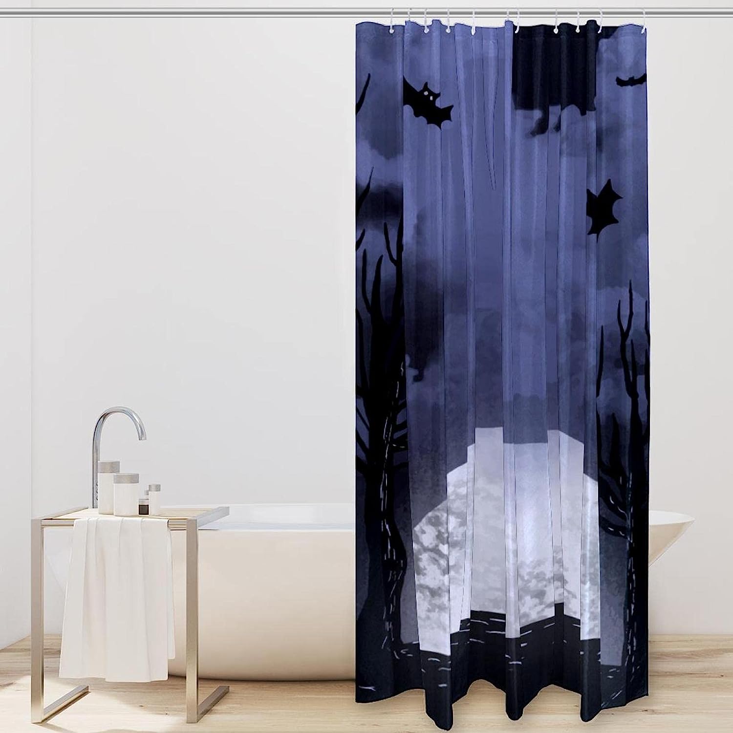 Halloween Moonlit Night Shower Curtain - Scary Bats And Trees Design