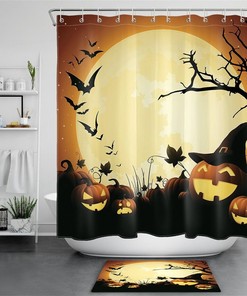 Halloween Night Funny Pumpkins Gaze At Full Moon Print Shower Curtain