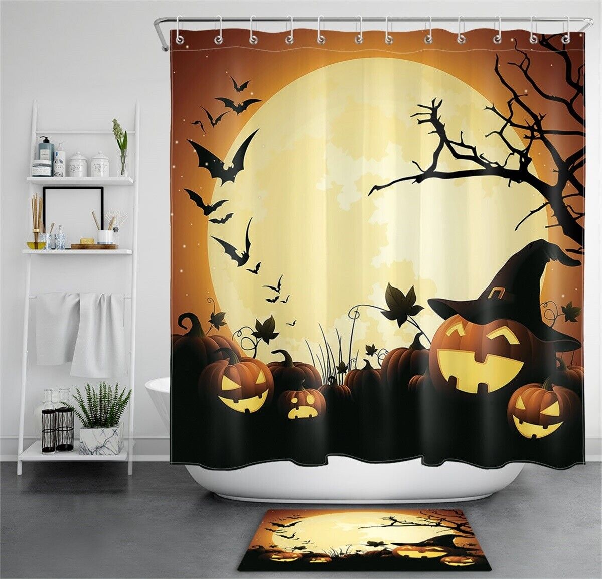 Halloween Night Funny Pumpkins Gaze At Full Moon Print Shower Curtain