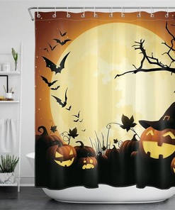 Halloween Night Funny Pumpkins Gaze At Full Moon Print Shower Curtain