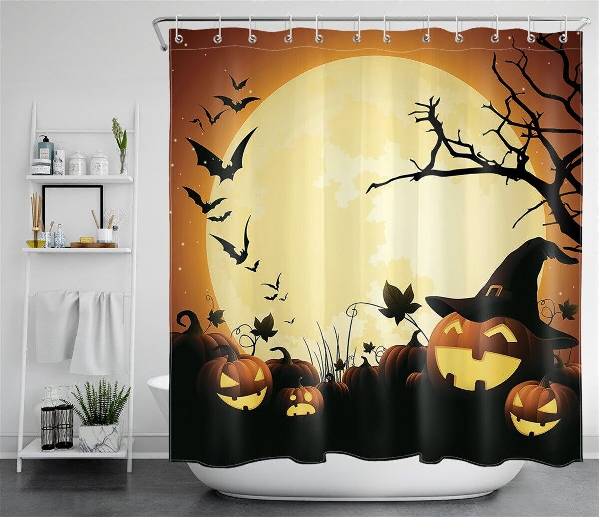 Halloween Night Funny Pumpkins Gaze At Full Moon Print Shower Curtain