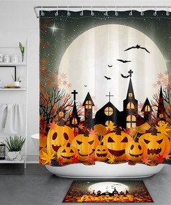 Halloween Night Moon Church Pumpkins Maple Rustic Vintage Shower Curtain