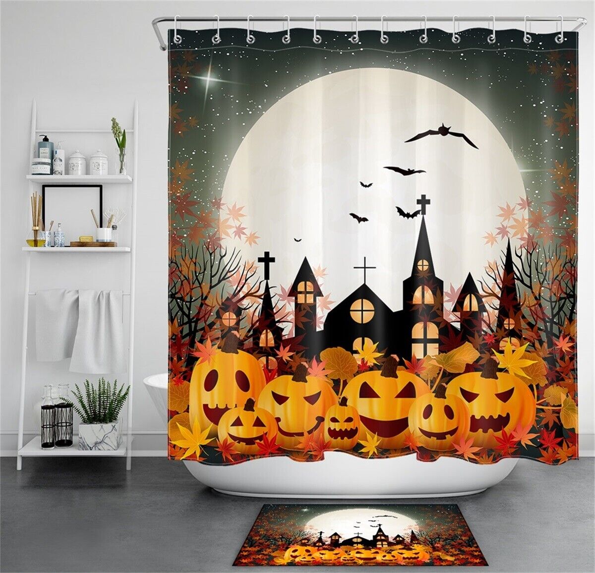 Halloween Night Moon Church Pumpkins Maple Rustic Vintage Shower Curtain