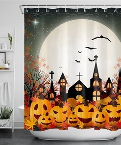 Halloween Night Moon Church Pumpkins Maple Rustic Vintage Shower Curtain