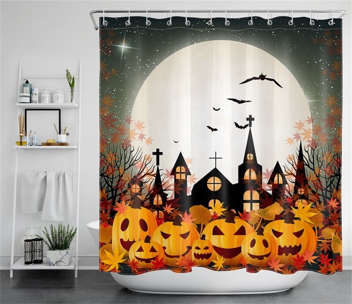 Halloween Night Moon Church Pumpkins Maple Rustic Vintage Shower Curtain