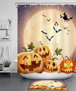 Halloween Night Moon Witch With Funny Pumpkins Print Shower Curtain