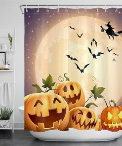Halloween Night Moon Witch With Funny Pumpkins Print Shower Curtain