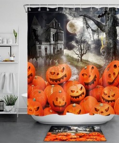 Halloween Night Skull Tree At Cemetery Gate Print Shower Curtain