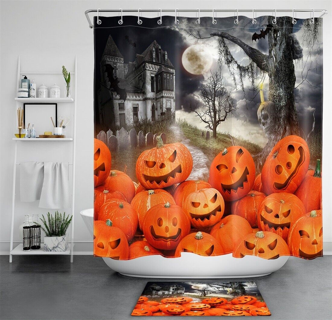 Halloween Night Skull Tree At Cemetery Gate Print Shower Curtain