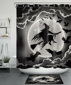 Halloween Night Witch Bat Shadow Full Moon Shower Curtain For A Spooky Bath