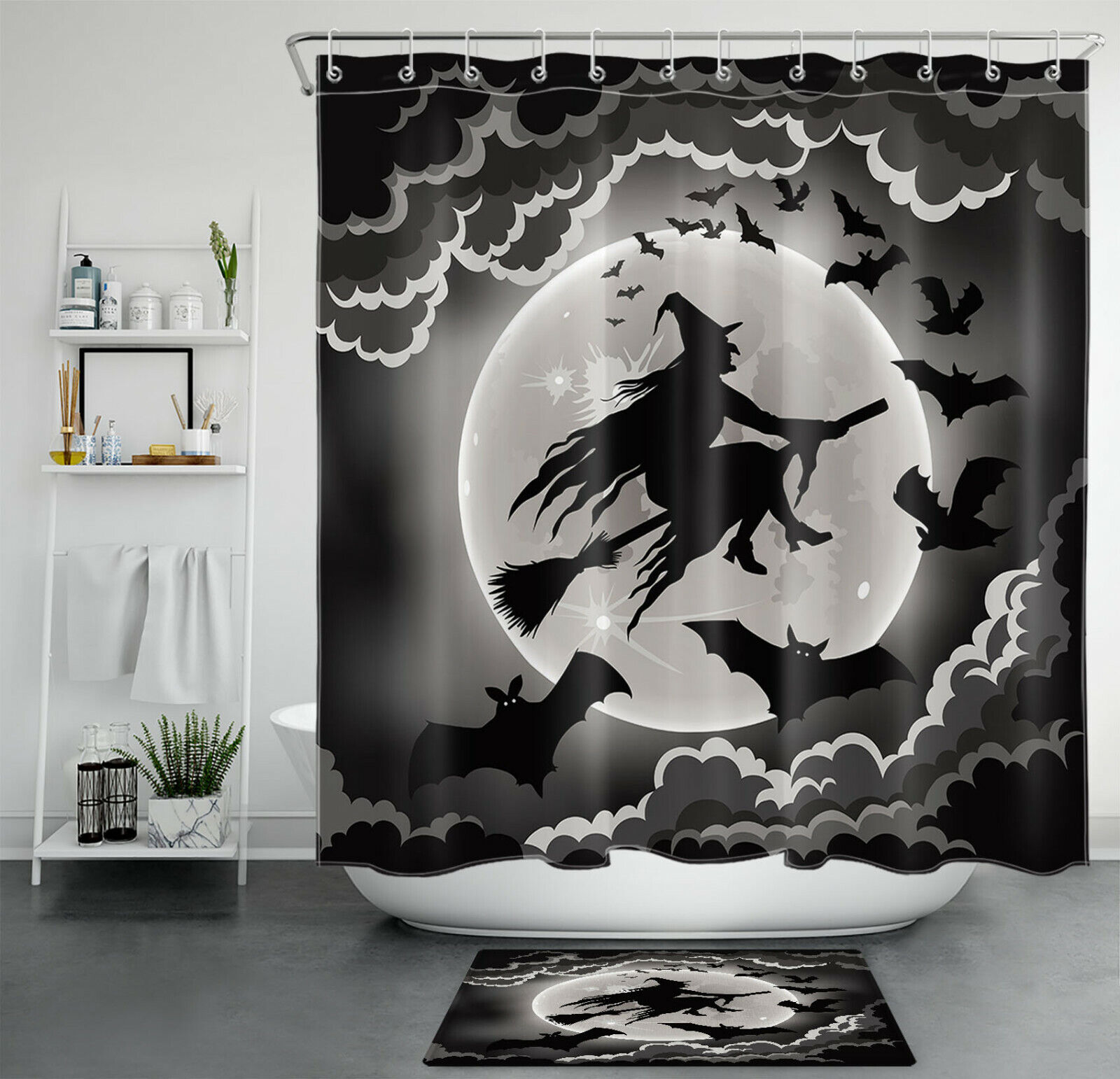 Halloween Night Witch Bat Shadow Full Moon Shower Curtain For A Spooky Bath