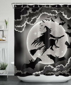 Halloween Night Witch Bat Shadow Full Moon Shower Curtain For A Spooky Bath