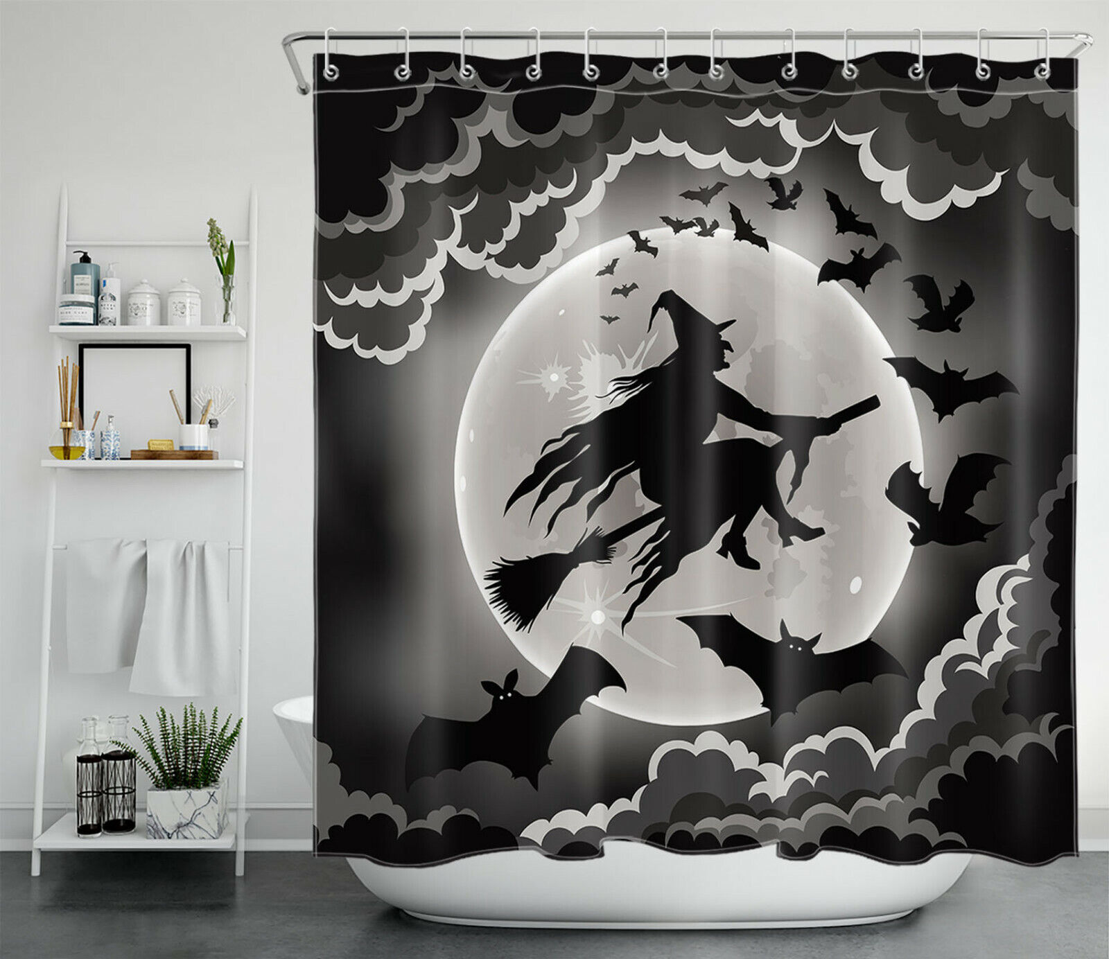 Halloween Night Witch Bat Shadow Full Moon Shower Curtain For A Spooky Bath