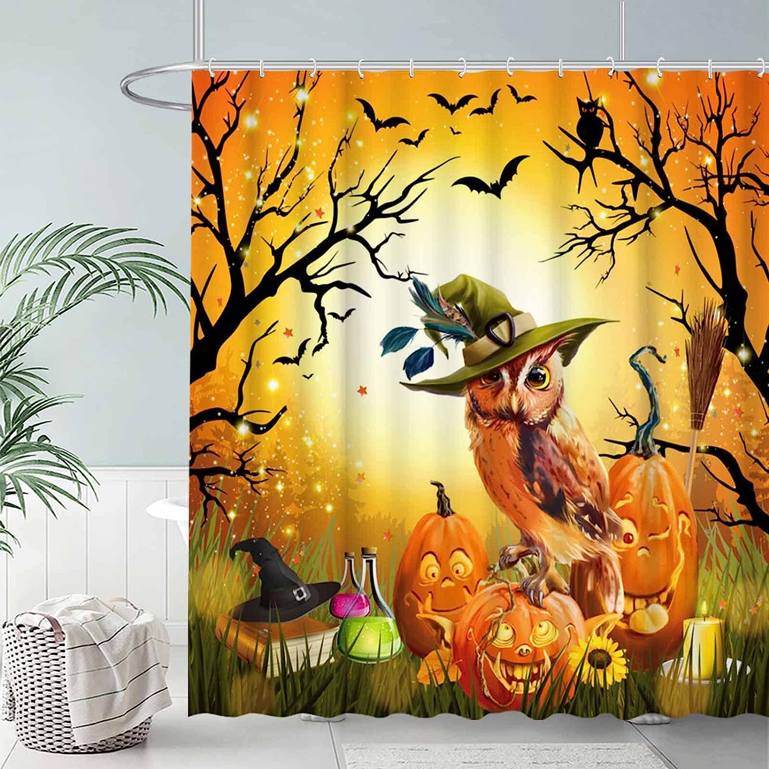 Halloween Owl Shower Curtain With Horror Night Art Decoration By Allenjoy - Durable And Washable Fabric - Image 2