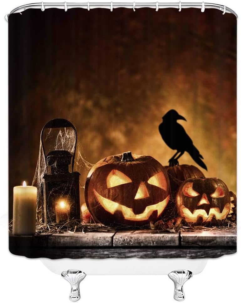Halloween Party Shower Curtain Owl Pumpkin Castle Horror Night Tombstone Twiggy Branches For Creative Curtains - Image 2