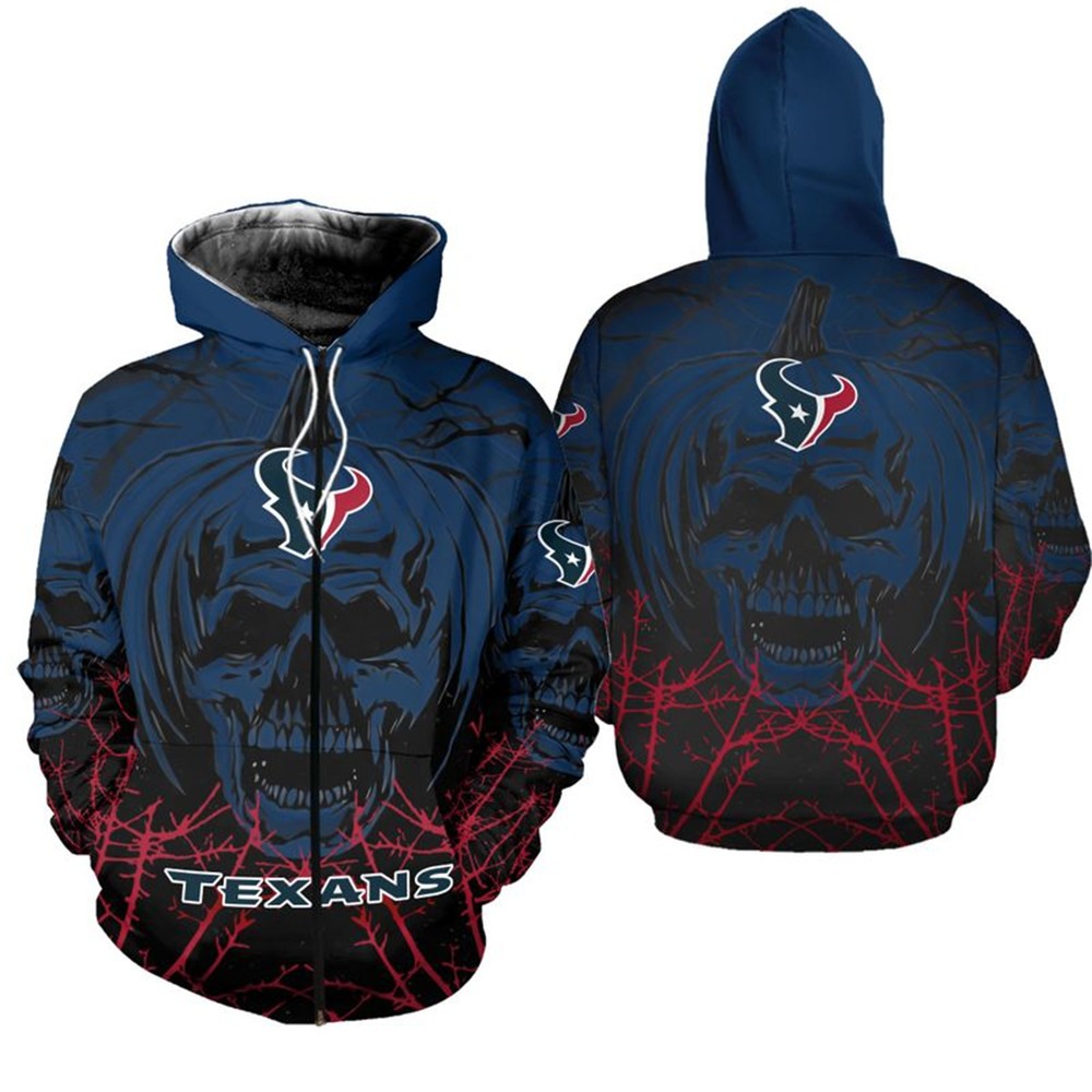 Halloween Pumpkin Skull Houston Texans All Over Print Zip Up Hoodie, Perfect Gift For Fans