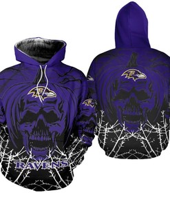 Halloween Pumpkin Skull Print All Over Print Baltimore Ravens Hoodie Zip Hoodie