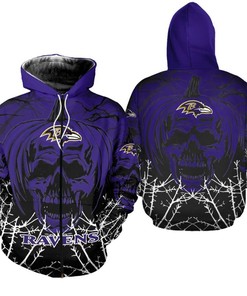 Halloween Pumpkin Skull Print All Over Print Baltimore Ravens Hoodie Zip Hoodie
