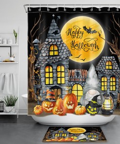Halloween Shower Curtain With Castle, Gnome, And Pumpkins For A Spooky Bath