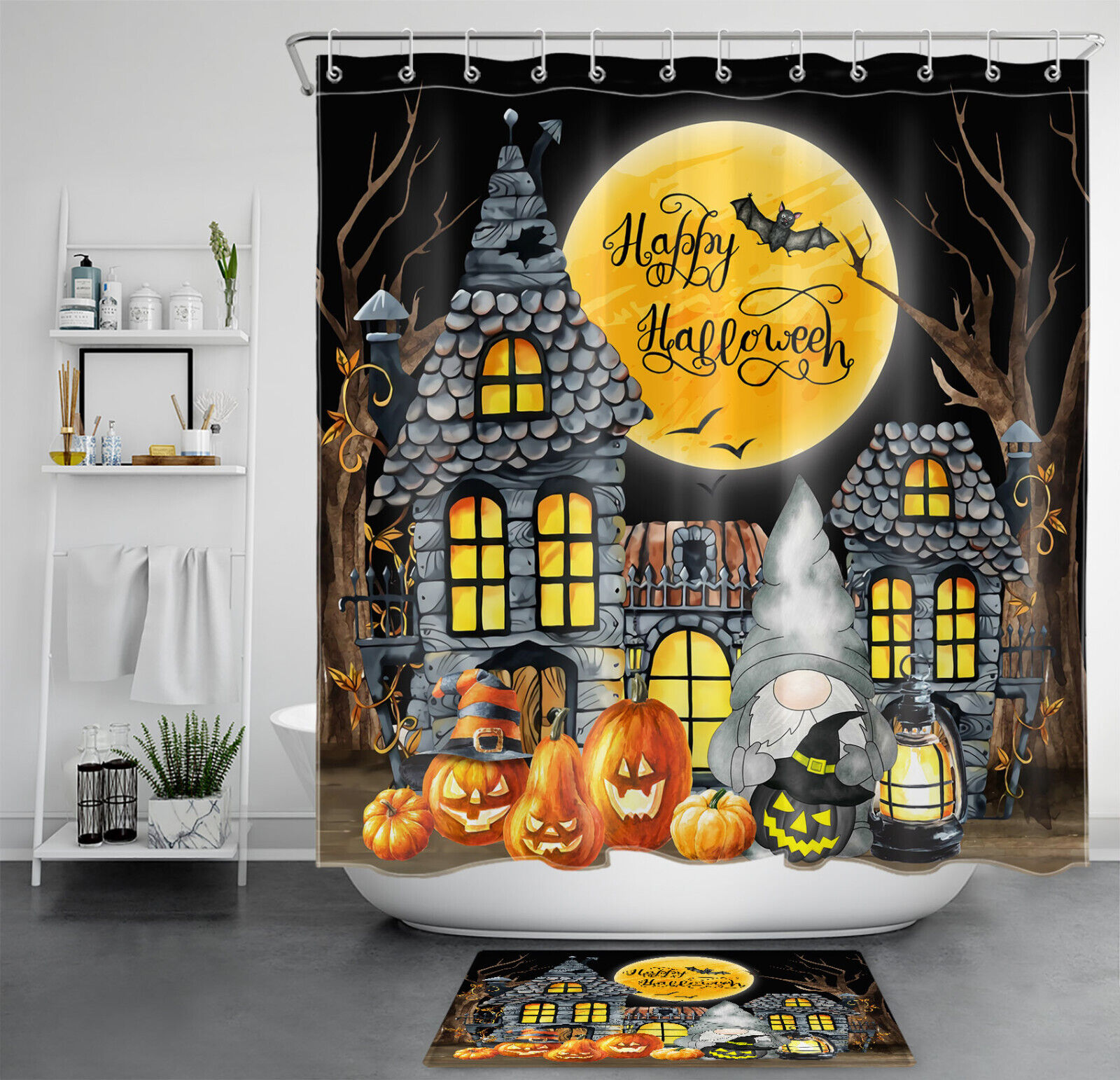 Halloween Shower Curtain With Castle, Gnome, And Pumpkins For A Spooky Bath