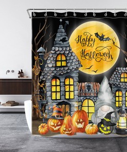Halloween Shower Curtain With Castle, Gnome, And Pumpkins For A Spooky Bath