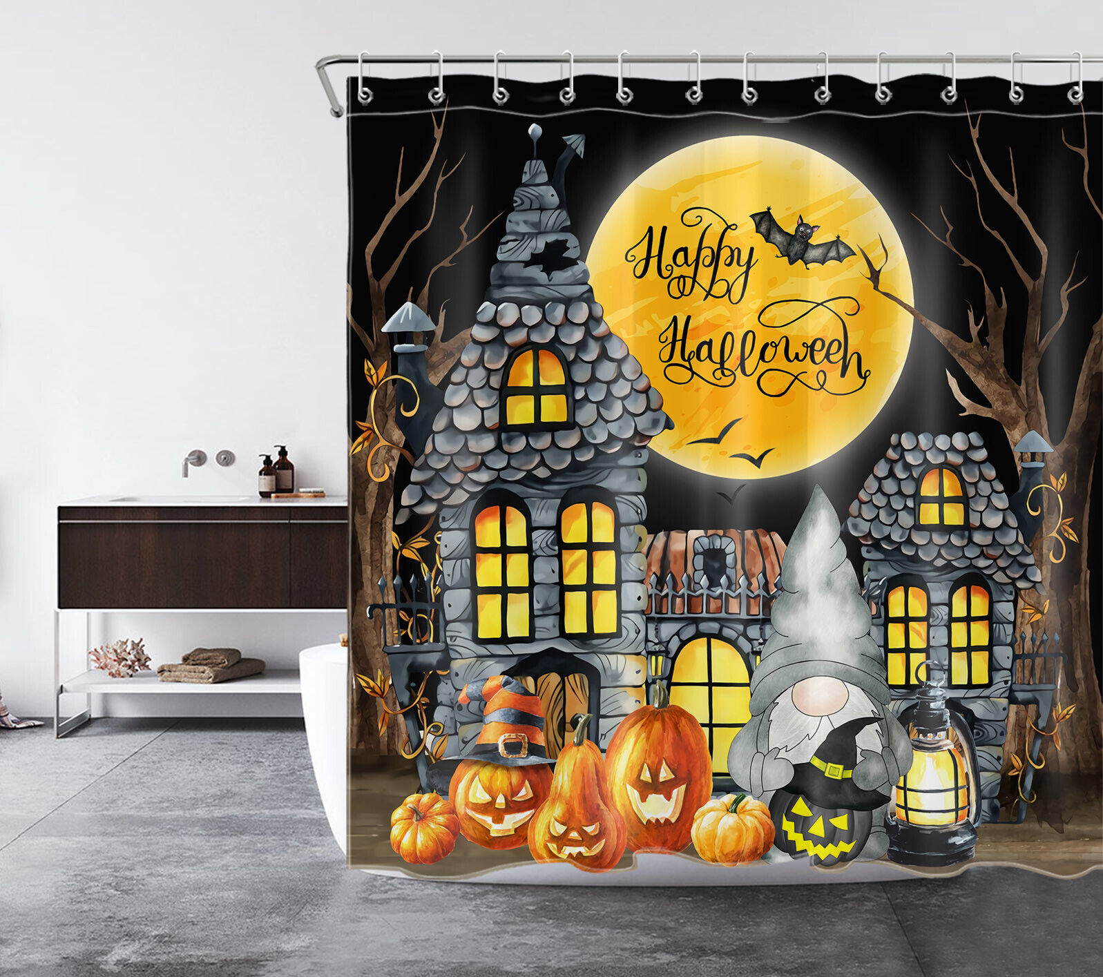 Halloween Shower Curtain With Castle, Gnome, And Pumpkins For A Spooky Bath