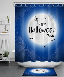 Halloween Shower Curtain with Blue Sky Moon and Spider Web Design for an Eerie Vibe
