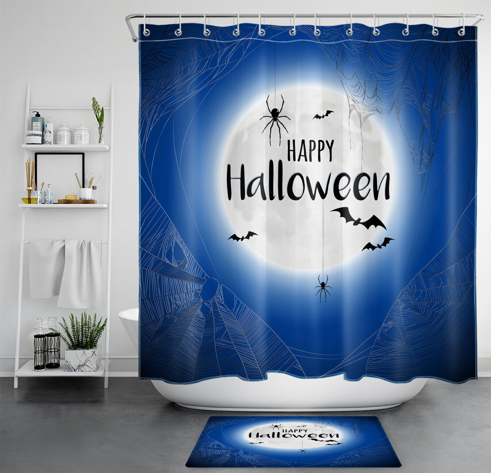 Halloween Shower Curtain with Blue Sky Moon and Spider Web Design for an Eerie Vibe
