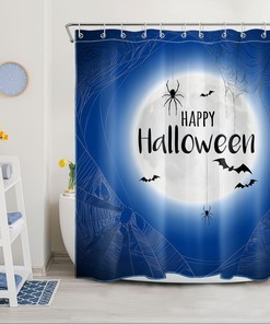 Halloween Shower Curtain with Blue Sky Moon and Spider Web Design for an Eerie Vibe