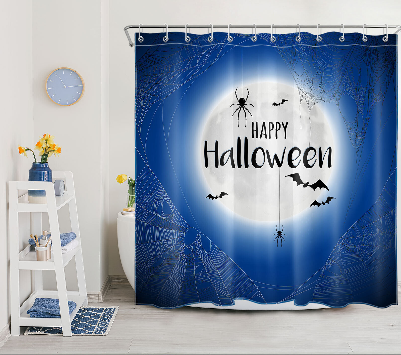 Halloween Shower Curtain with Blue Sky Moon and Spider Web Design for an Eerie Vibe